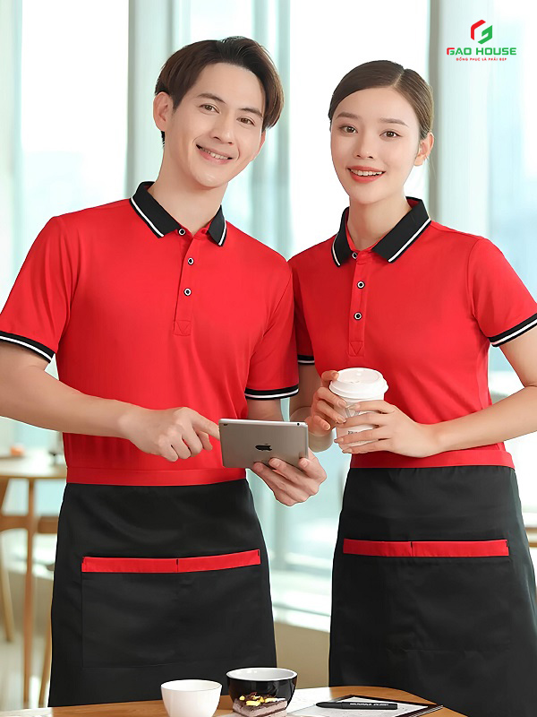 đồng phục nhà hàng màu đỏ phối cổ đen trắng