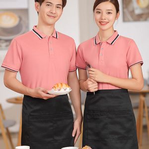 Áo đồng phục nhà hàng màu hồng cổ phối bo dệt GUN1980082