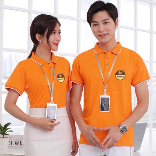 Áo đồng phục công ty màu cam tươi nổi bật, ấm áp phối cổ lé trắng mềm mịn