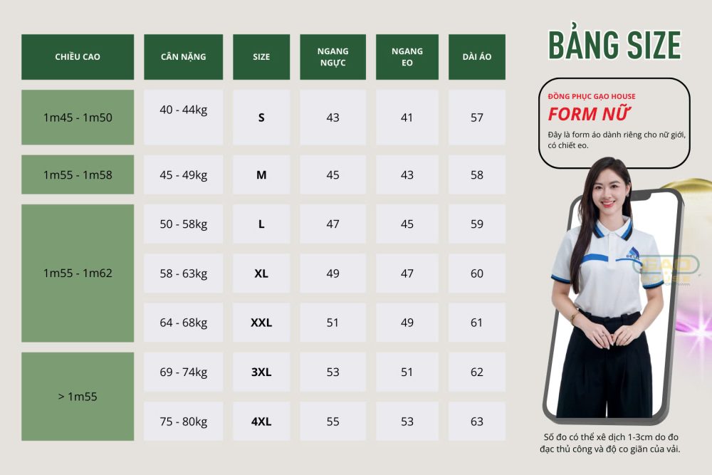 bảng size form nữ