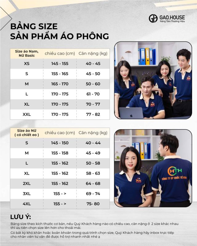 Bảng size chi tiết áo công ty màu be xanh