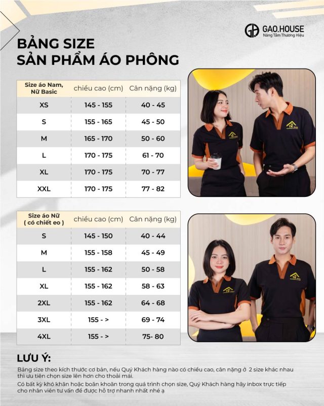 Bảng size chi tiết áo công ty màu đen