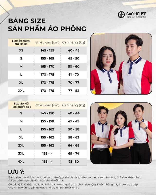 Bảng size chi tiết áo công ty màu đỏ