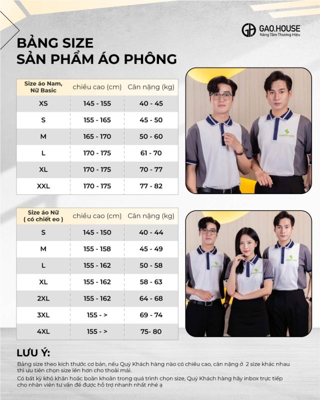 Bảng size chi tiết áo công ty màu ghi