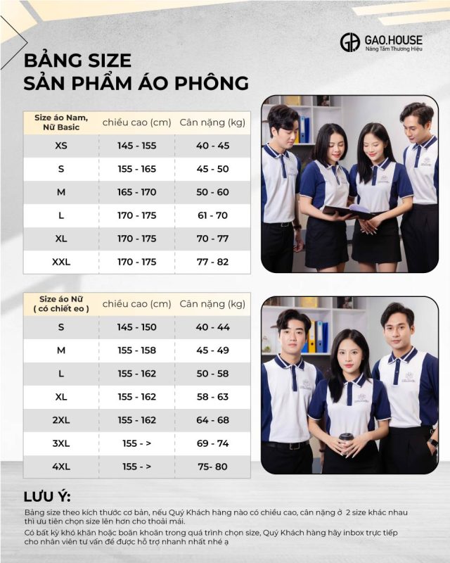 Bảng size chi tiết áo công ty màu xanh dương