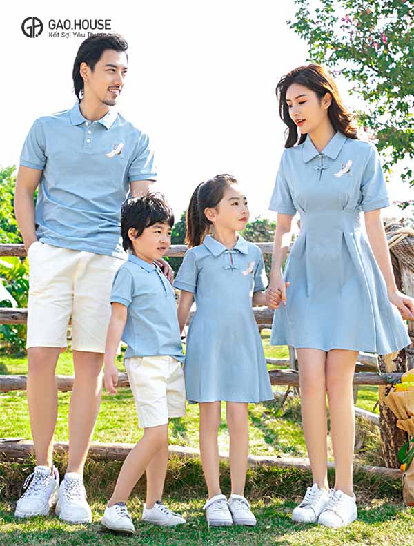 Áo váy gia đình tone màu xanh thiên thanh