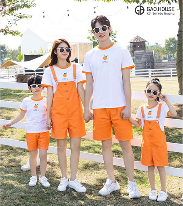 Áo đồng phục gia đình cổ tròn tone cam