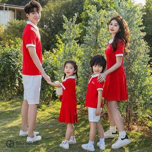 Áo váy đồng phục gia đình tone đỏ dáng xòe