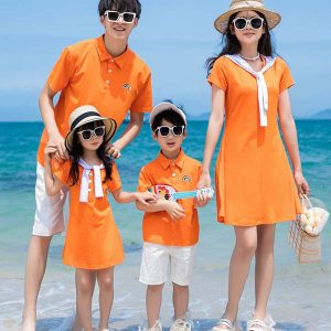 Áo váy gia đình dáng xòe màu cam đẹp