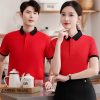 đồng phục nhà hàng màu đỏ phối cổ đen