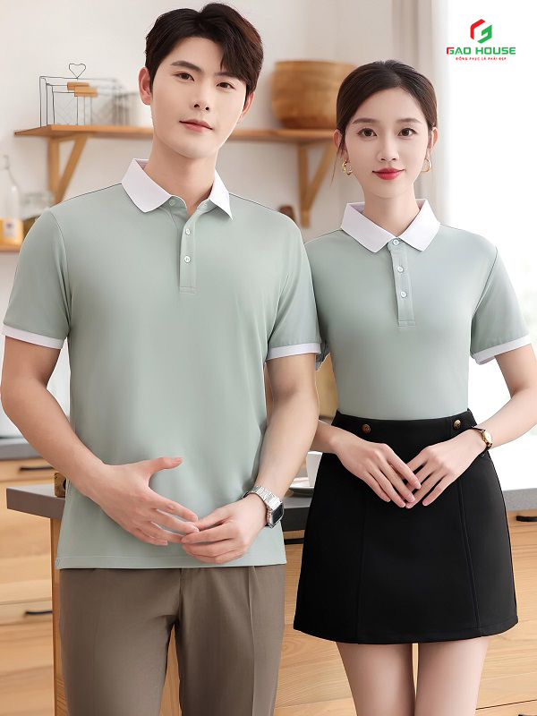 đồng phục nhà hàng màu xanh phối cổ trắng