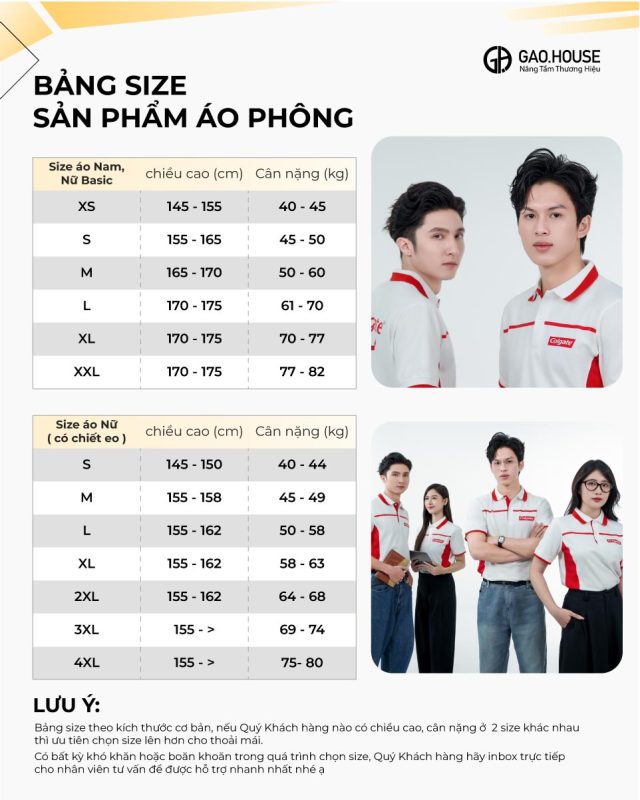 Bảng size áo đồng phục công ty Colgate