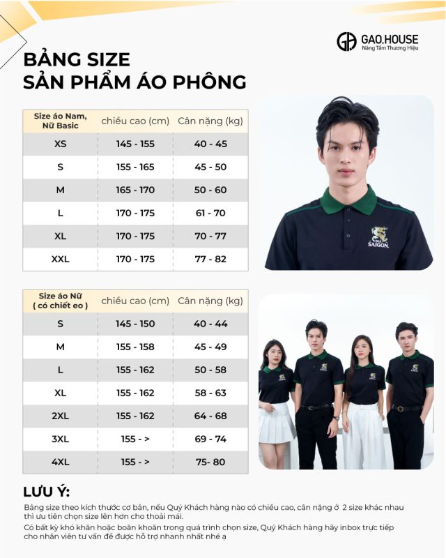 Bảng size áo đồng phục công ty màu đen