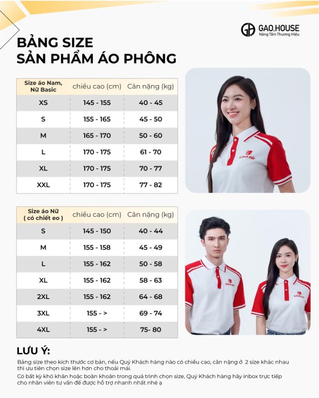 Bảng size áo đồng phục công ty màu đỏ trắng