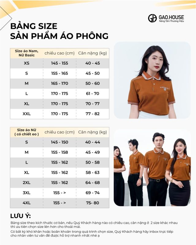 Bảng size áo đồng phục công ty màu nâu