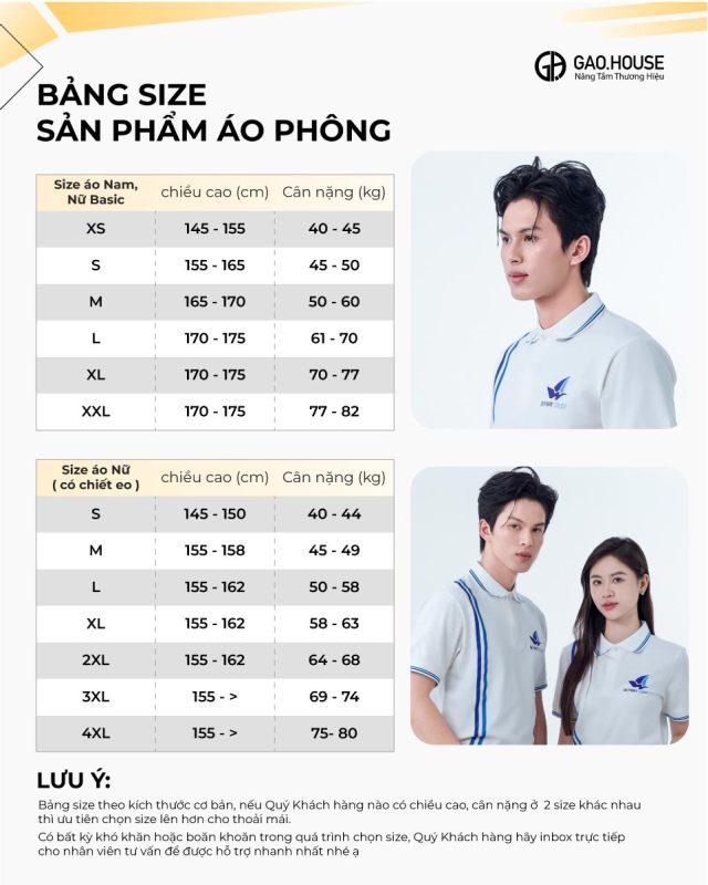Bảng size áo đồng phục công ty màu trắng sọc xanh