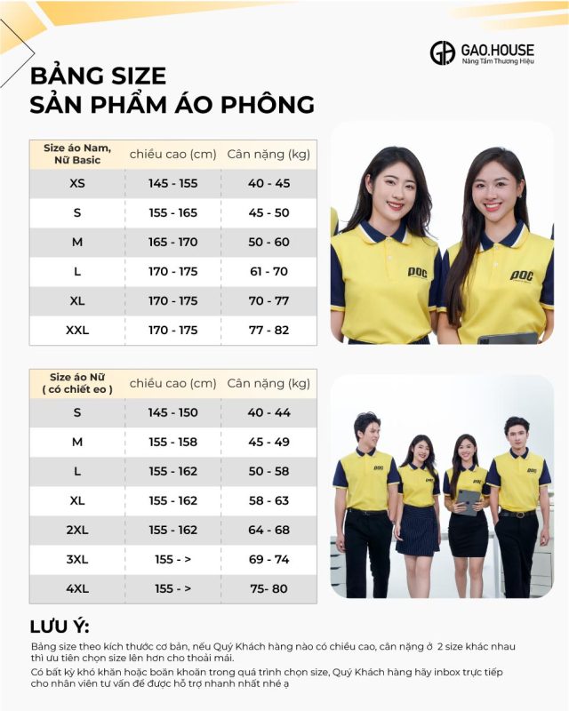 Bảng size áo đồng phục công ty màu vàng