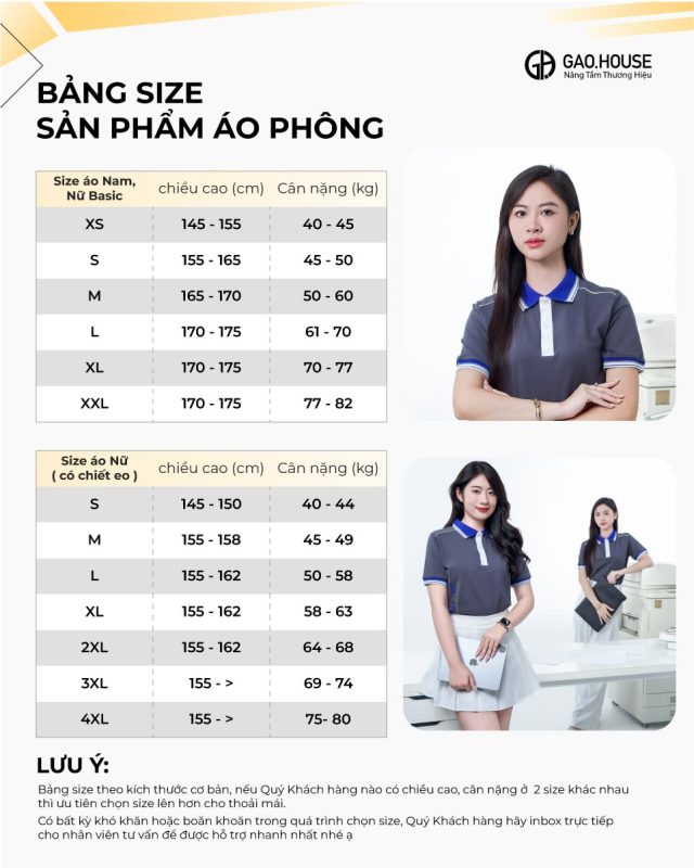 Bảng size áo đồng phục công ty màu xám