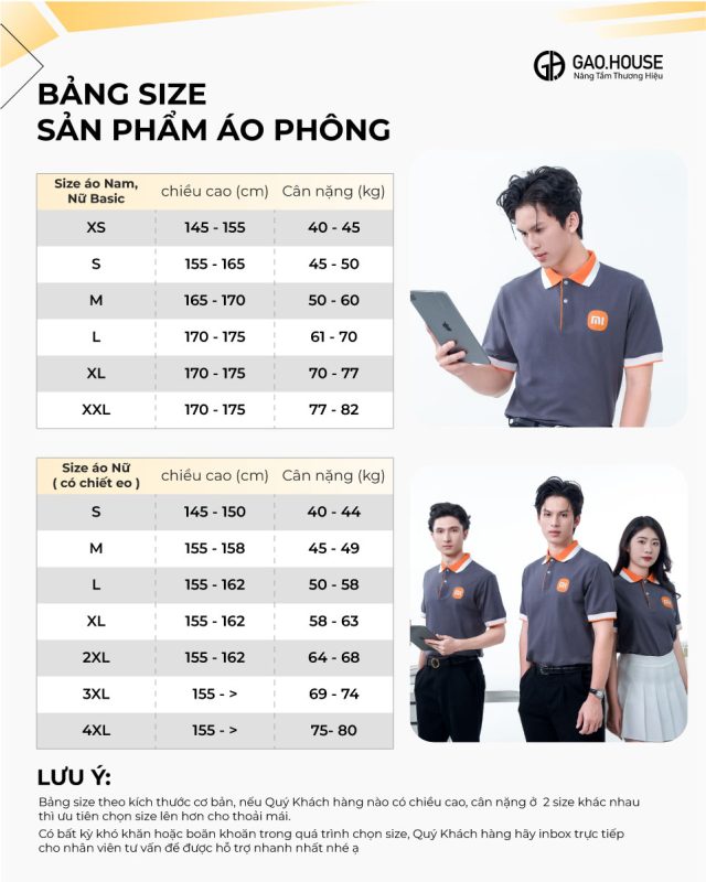 Bảng size áo đồng phục công ty Xaomi