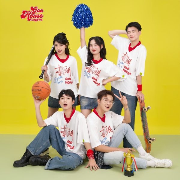 áo đồng phục lớp cổ V trắng phối đỏ