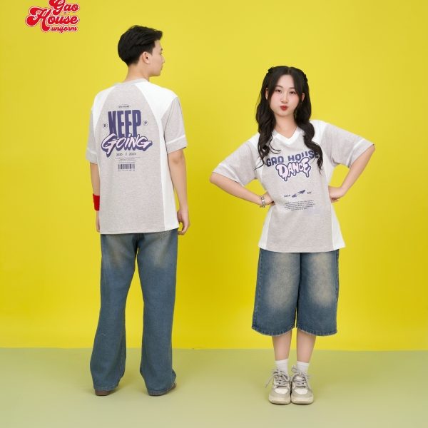 áo đồng phục lớp cổ V xám phối trắng