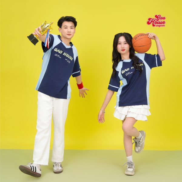 may áo đồng phục lớp line up xanh dương phối xanh