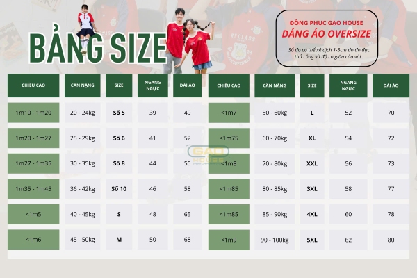 bảng size mẫu áo đồng phục pickleball