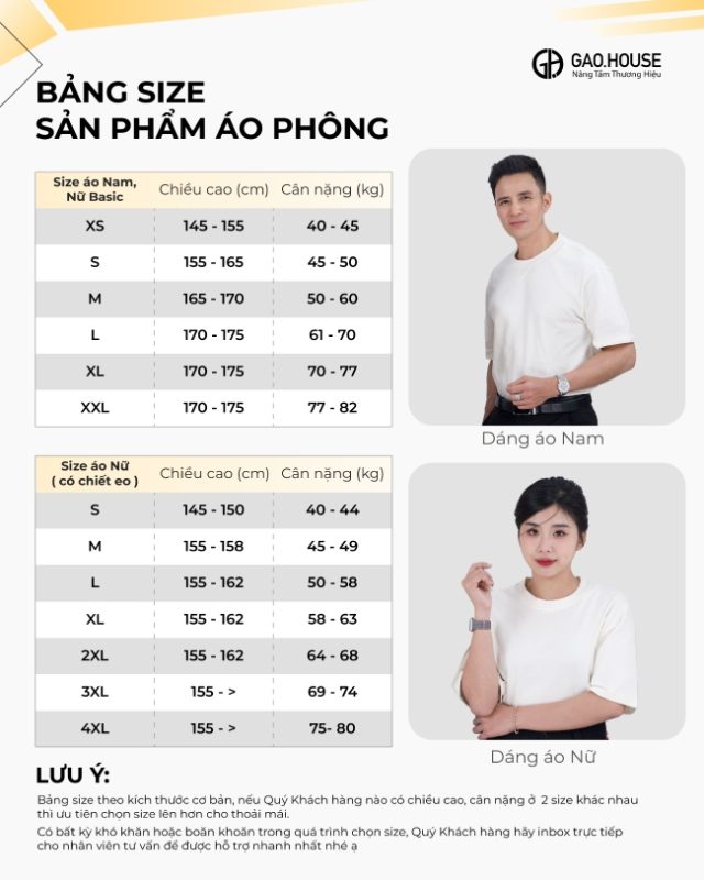 Bảng size chi tiết doanh nghiệp thun trơn trắng