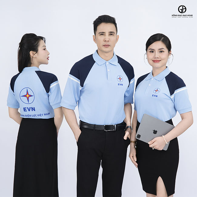 đặt may áo thun đồng phục evn cổ trụ màu xanh
