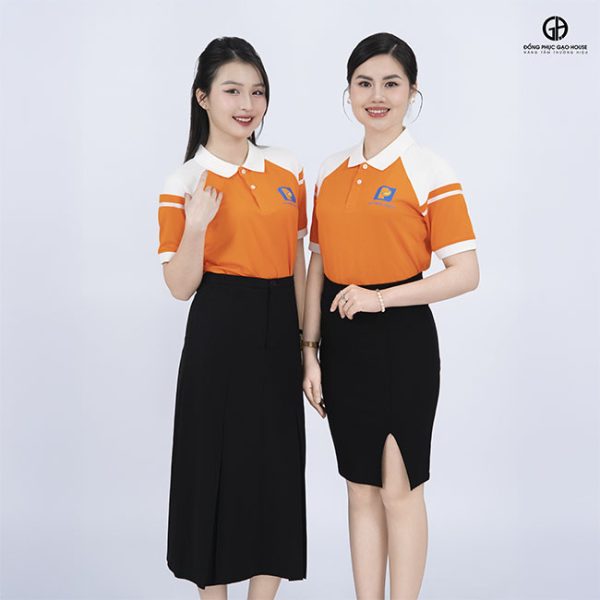 đồng phục công ty màu cam phối cầu vai trắng