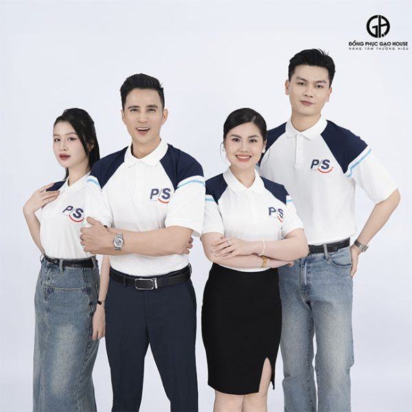 đồng phục công ty ps màu trắng phối tay xanh