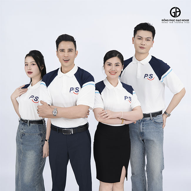 đồng phục công ty ps màu trắng phối tay xanh