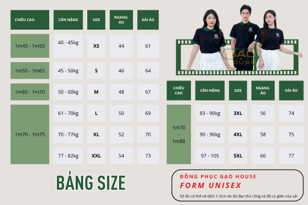 bảng size áo đồng phục hasaki
