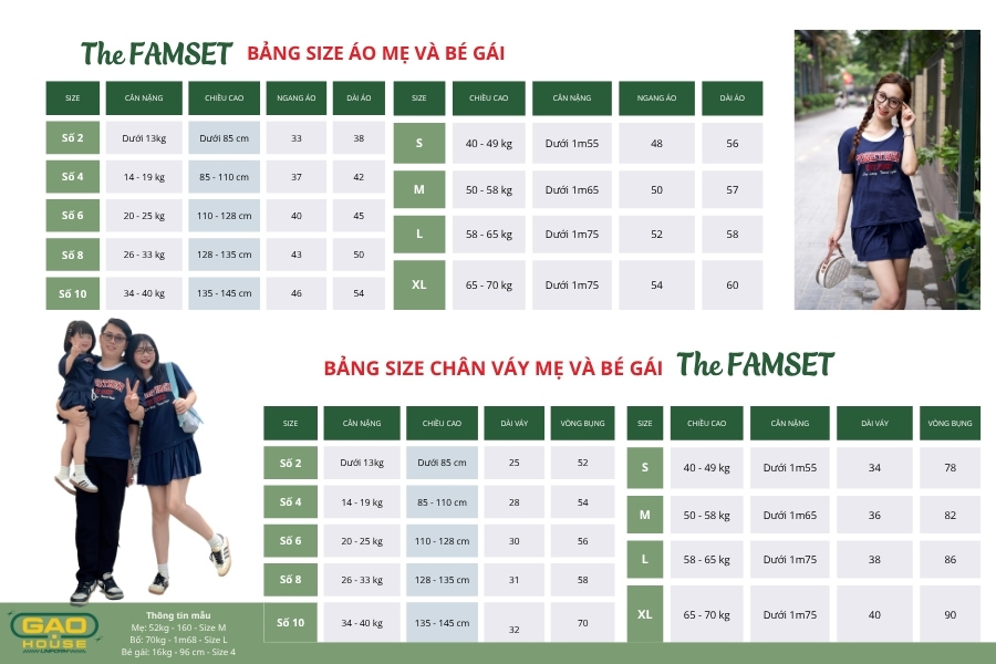 Bảng size chi tiết áo váy gia đình