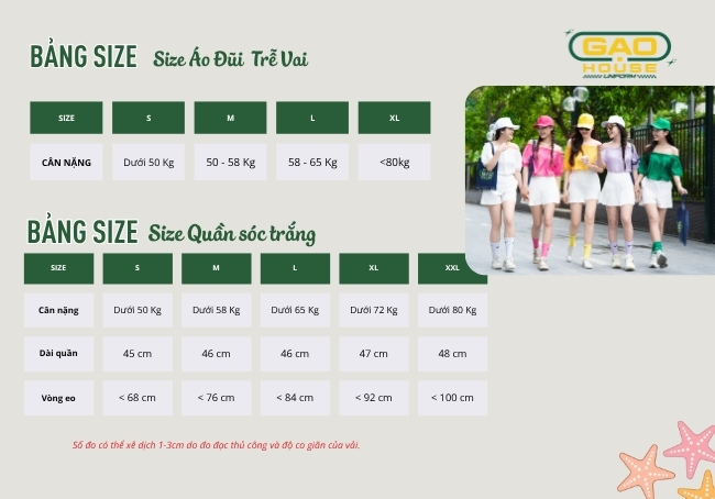 Bảng size set áo nhóm đũi trễ vai sắc màu
