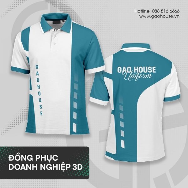 áo polo công ty 3d gọa house màu trắng phối xanh bích