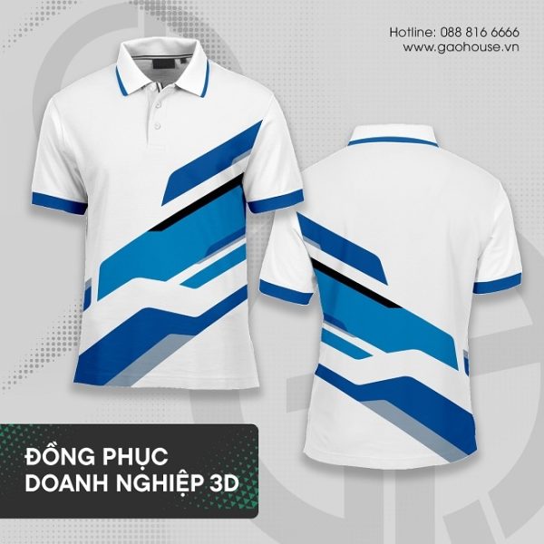 áo polo đồng phục công ty 3d trắng xanh khói