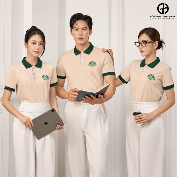 Áo Phông Đồng Phục Công Ty Màu Be Phối Cổ Xanh Lá