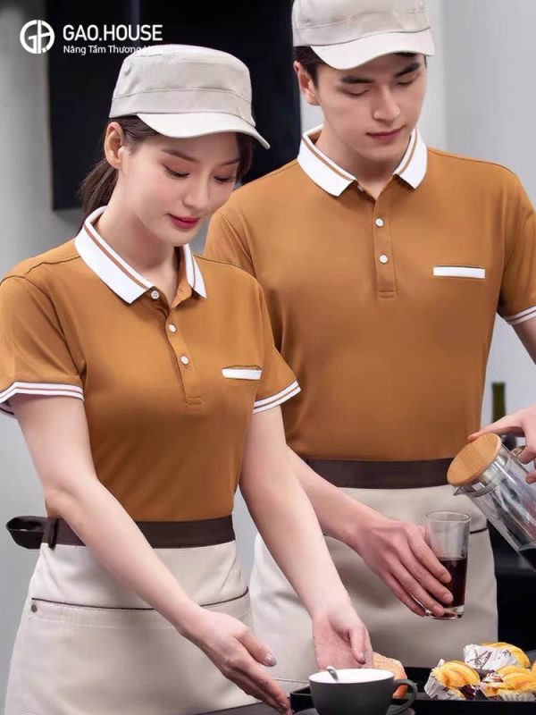 Áo đồng phục nhà hàng có cổ màu nâu cao cấp