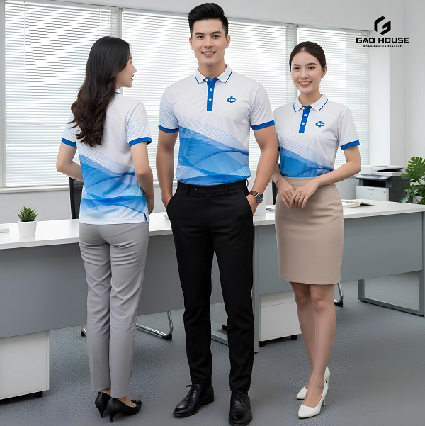 Phối đồ với áo polo công ty màu trắng phối xanh Gradient 3D cao cấp