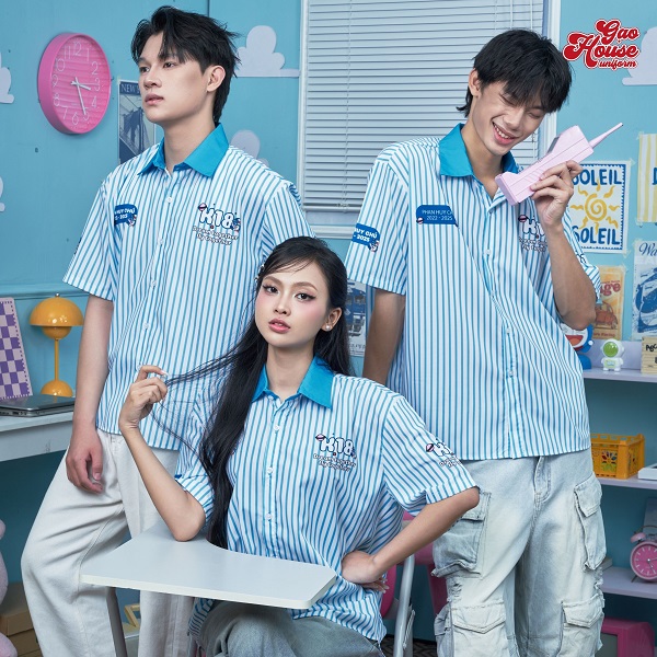 may áo lớp sơ mi sọc xanh