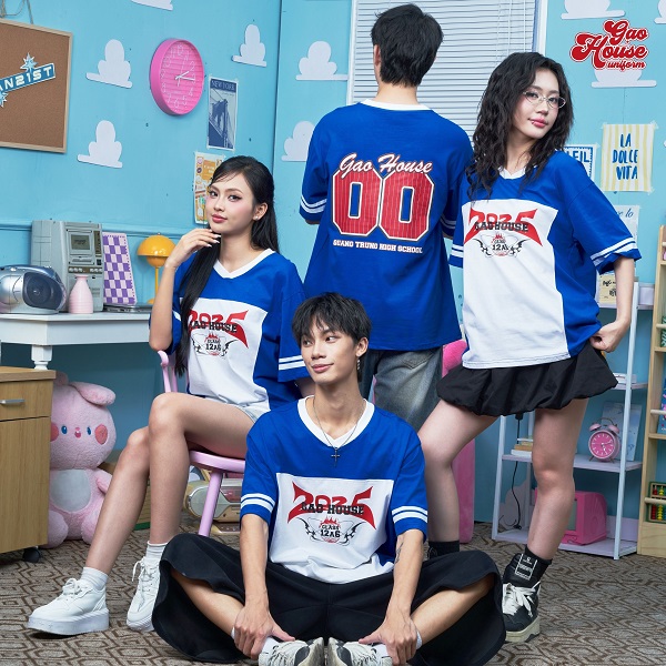 may áo thun lớp cổ v màu trắng phối xanh