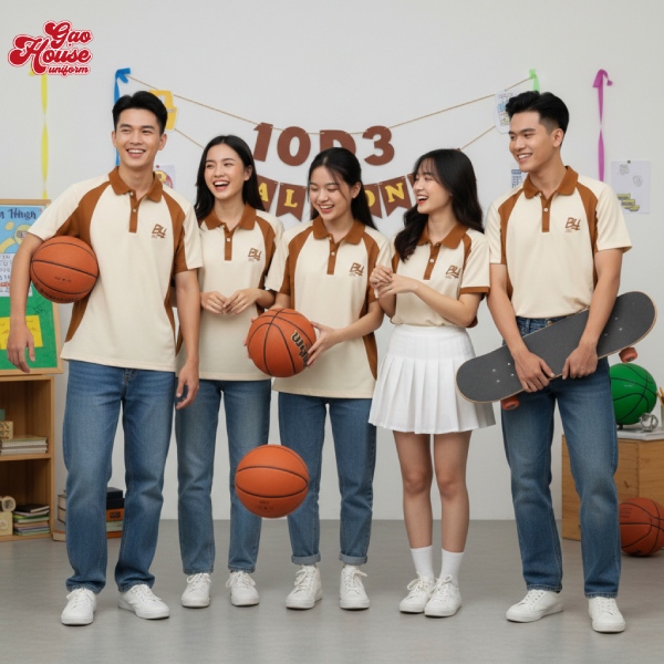 áo lớp đồng phục lớp màu be phối nâu