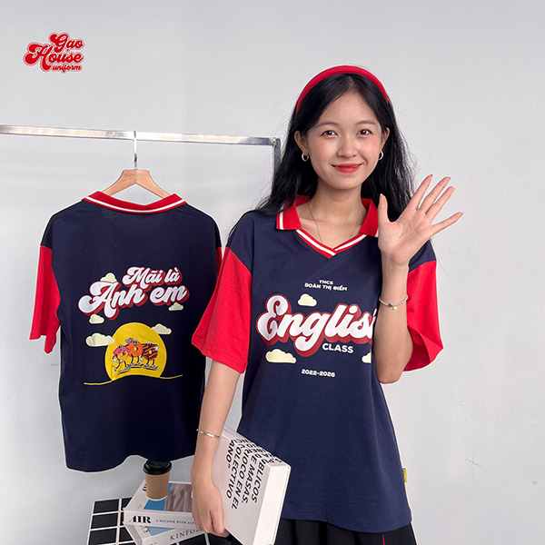 in áo lớp màu xanh đen cổ trụ V
