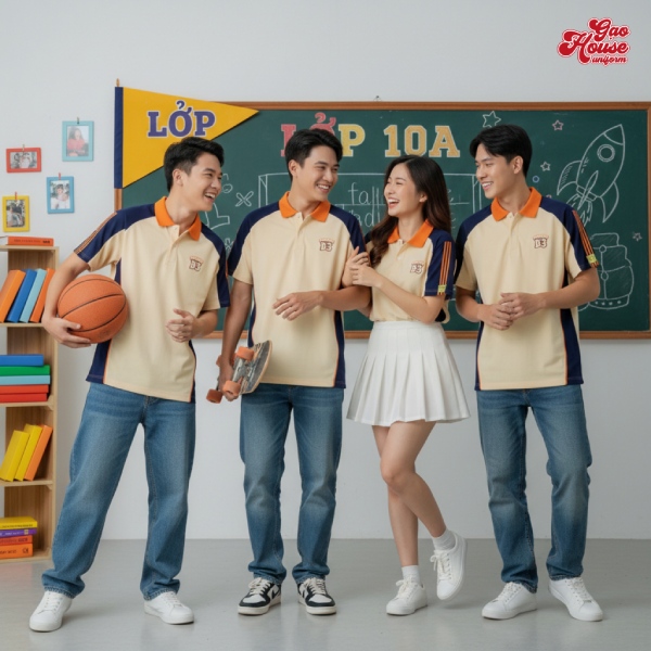 may áo đồng phục lớp màu be giá rẻ đẹp