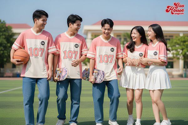 may áo lớp màu hồng cổ V