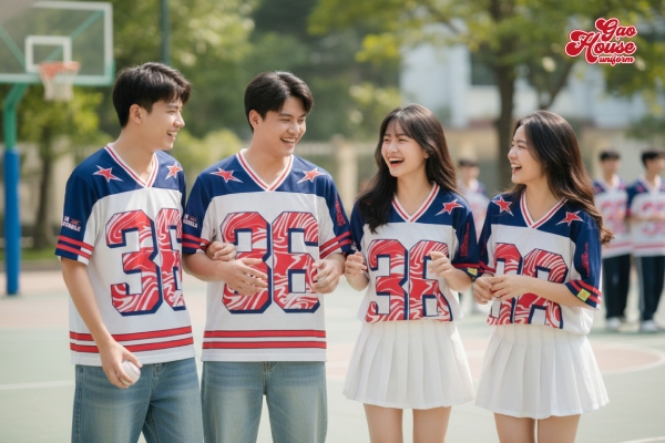 may áo lớp màu tím nhạt