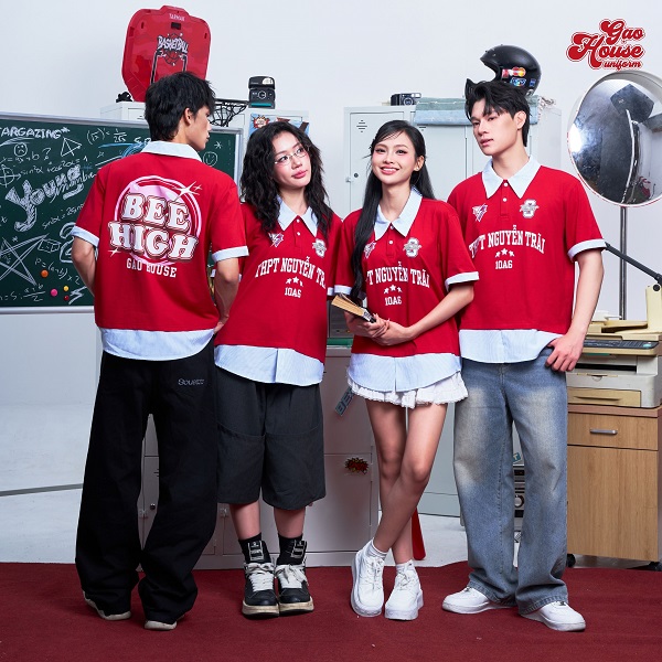 may áo lớp sơ mi phối polo màu đỏ mận