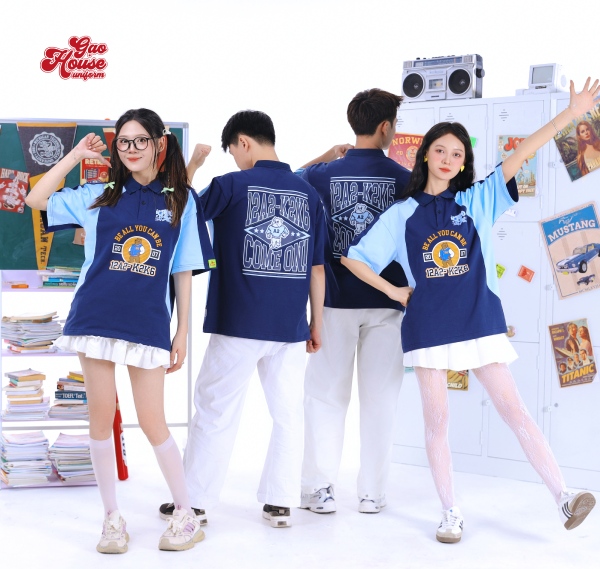 may áo đồng phục lớp màu xanh dương