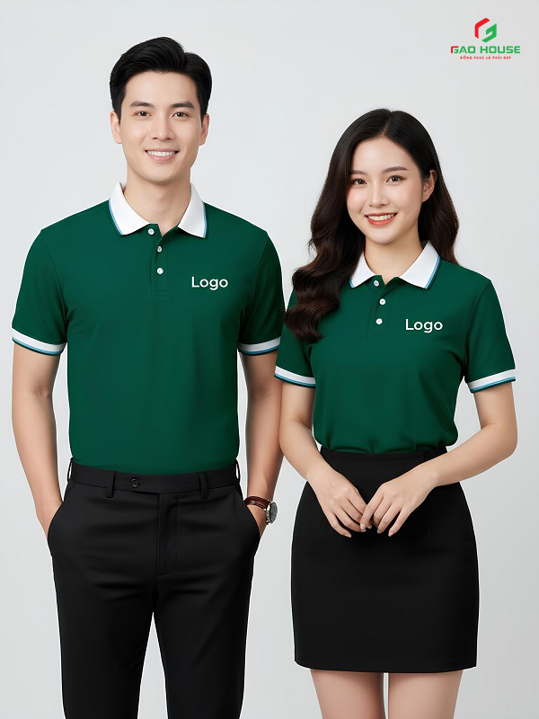 áo công ty màu xanh lá đạm phối cổ trắng